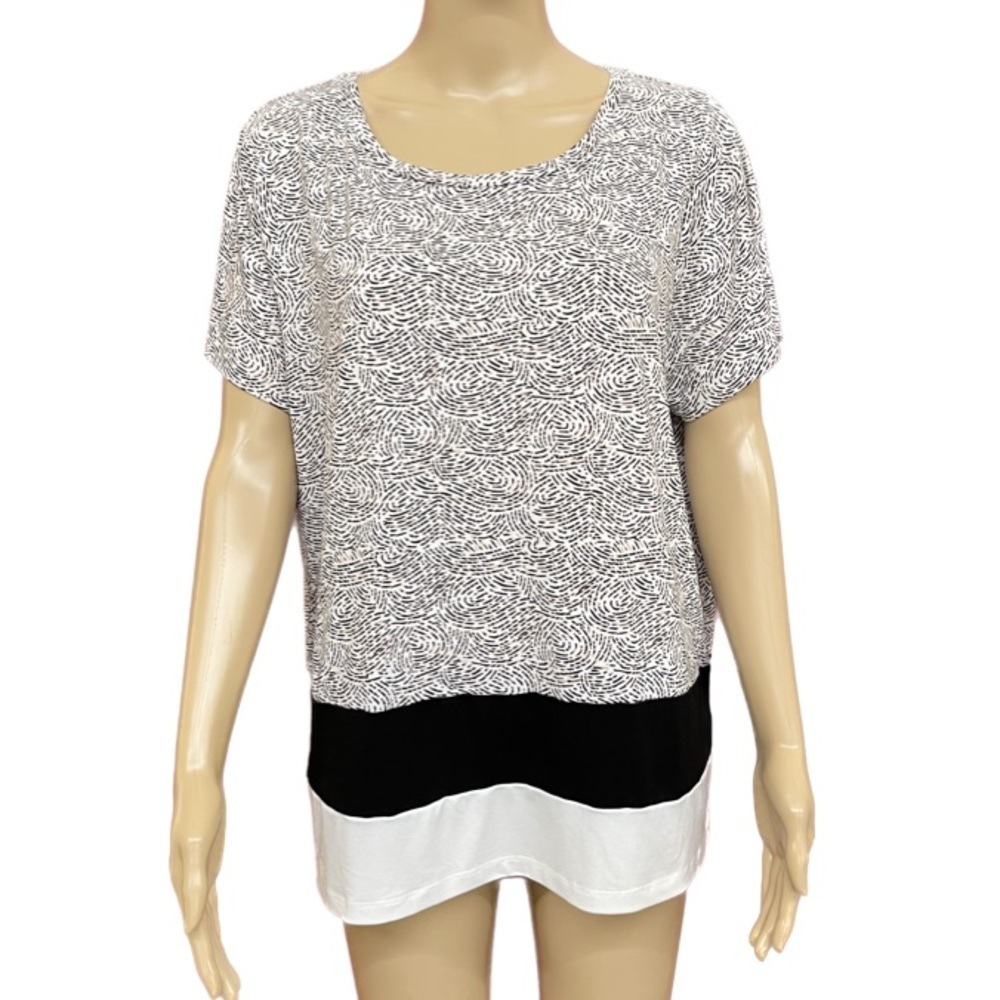 Ivanka Trump Black and White Block Scallop Print Gold Bar Blouse size XL